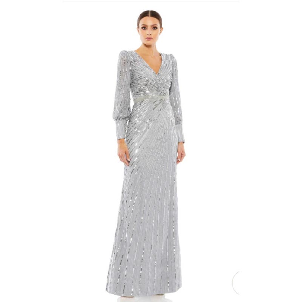NEW! Mac Duggal 5501 Sequined Wrap Over Bishop Sleeve Gown 12